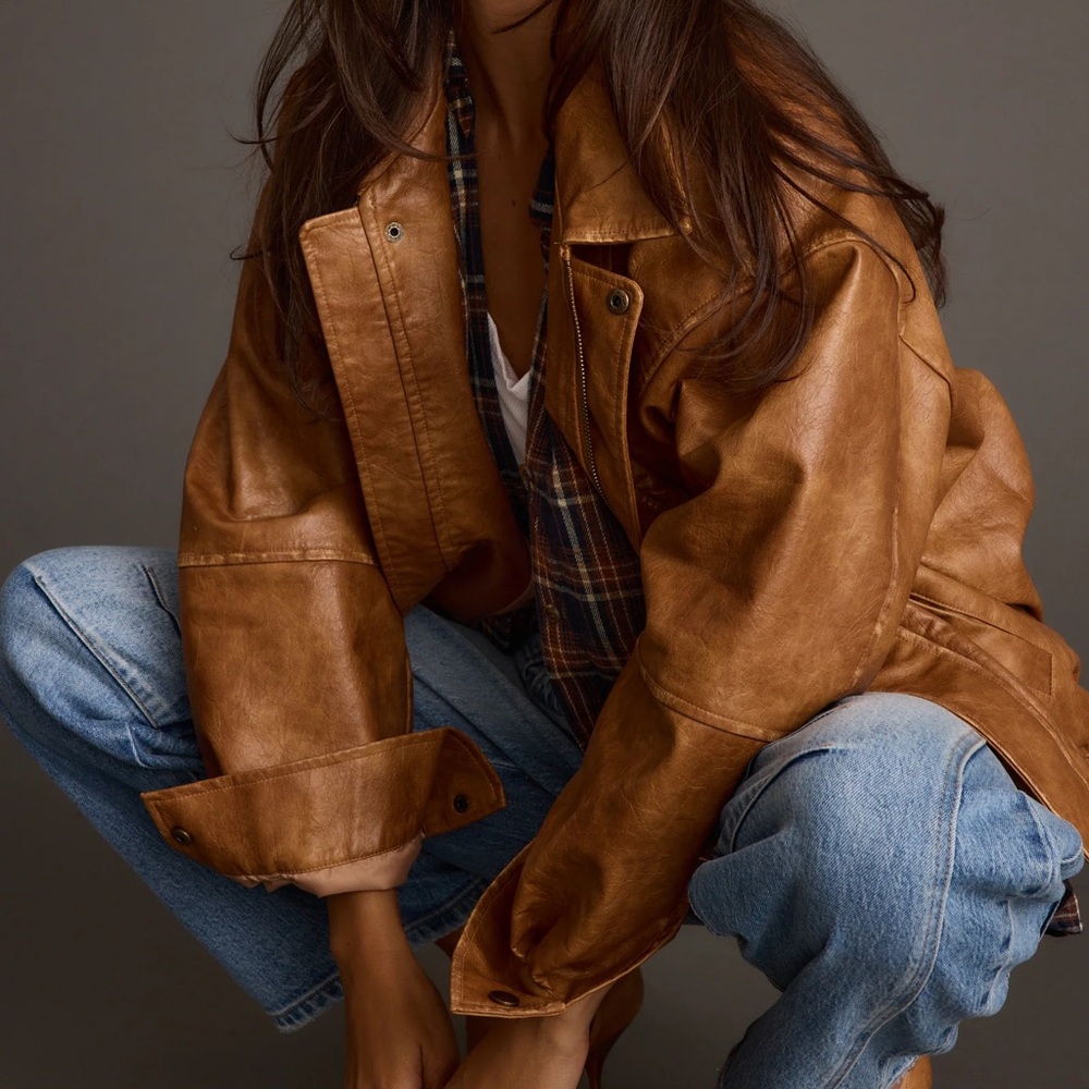 London Calling Cognac Oversized Faux Leather Jacket - Picture 4 of 6